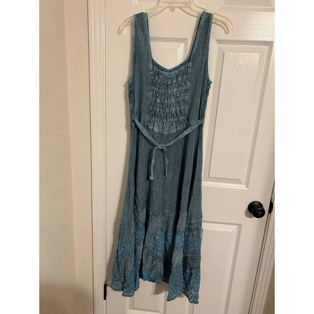 Advance Apparels Teal Blue Embroidered Boho Midi Dress Smocked Back Rayon L XL - Picture 9 of 9